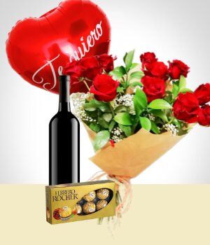Flores a Guatemala Combo Inspiracin: Bouquet de 12 Rosas + Globo + Vino + Chocolates